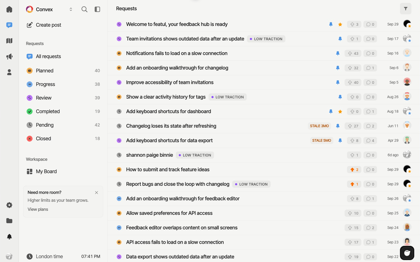 Featul feedback workspace with customer requests, votes, comments, and statuses