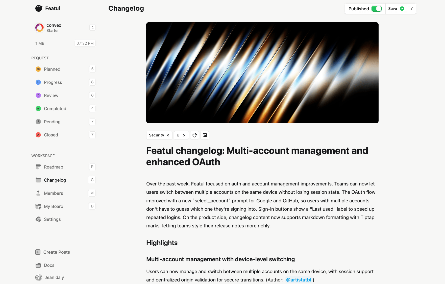 Changelog interface showing recent product updates