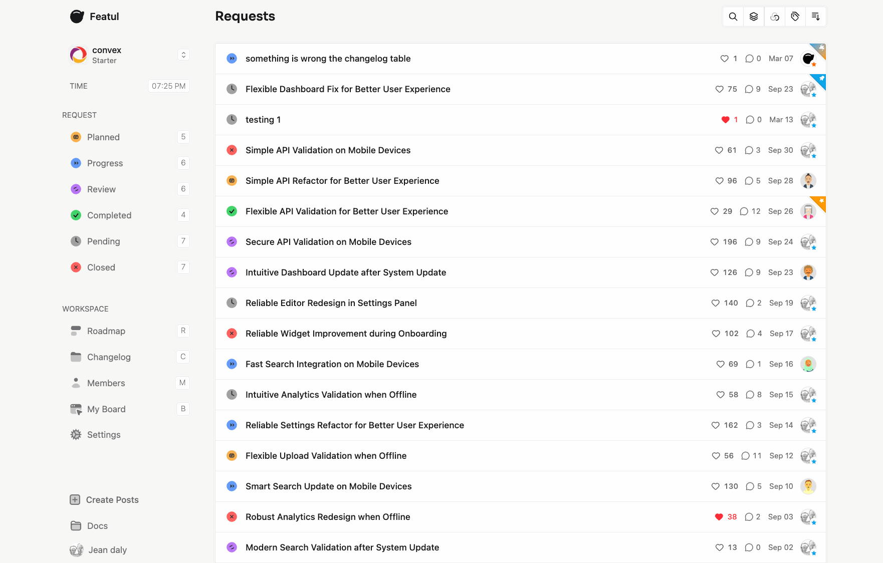 Featul feedback workspace with customer requests, votes, comments, and statuses