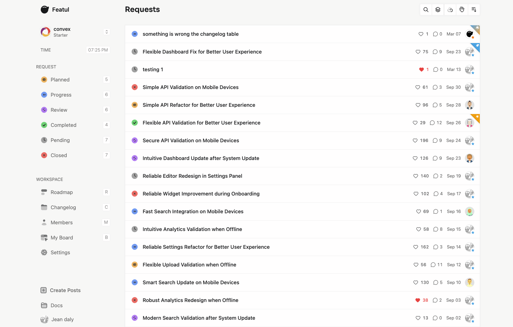 Featul feedback dashboard showing the request board, votes, and statuses